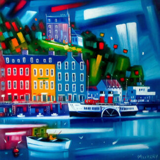 A vibrant, colorful painting of a waterfront scene with buildings, boats, and reflections on water. By Raymond Murray